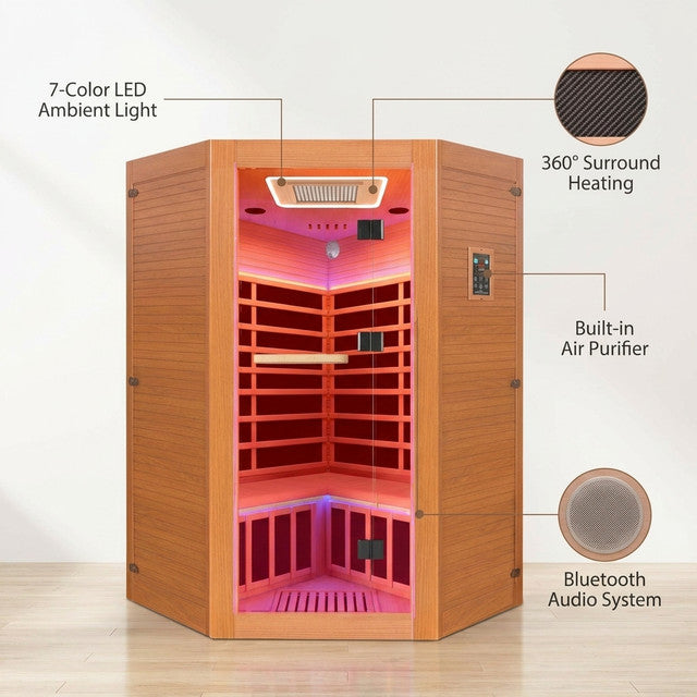 Multifunctional 2-3 Person Infrared Sauna for Home, 2180W Indoor Sauna with 7-Color LED Ambient Light, Red Light Feature, Oxygen Bar, Dual Bluetooth Speakers, 360° Surround Heating — Lifestyle