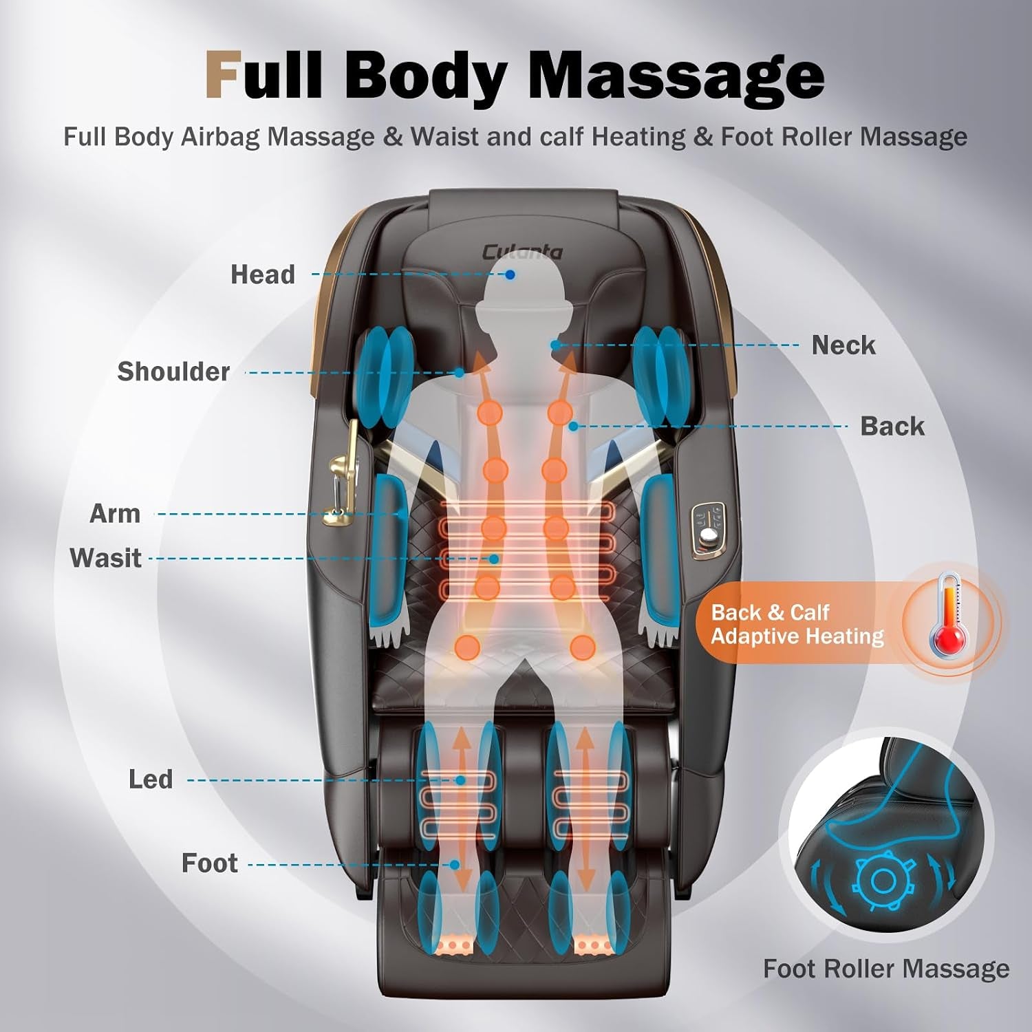 Massage Chair Full Body 53" Sl-Track Zero Gravity Shiatsu, Brown