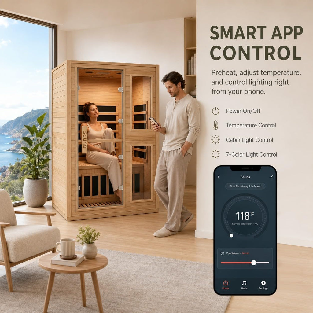 2 Person Far Infrared Sauna with Smart APP Control, Canadian Hemlock Wood Indoor Sauna Room, 2000W Low EMF Fast Heating Home Dry Sauna, 7 Color Chromotherapy, Bluetooth Speakers for Relaxation