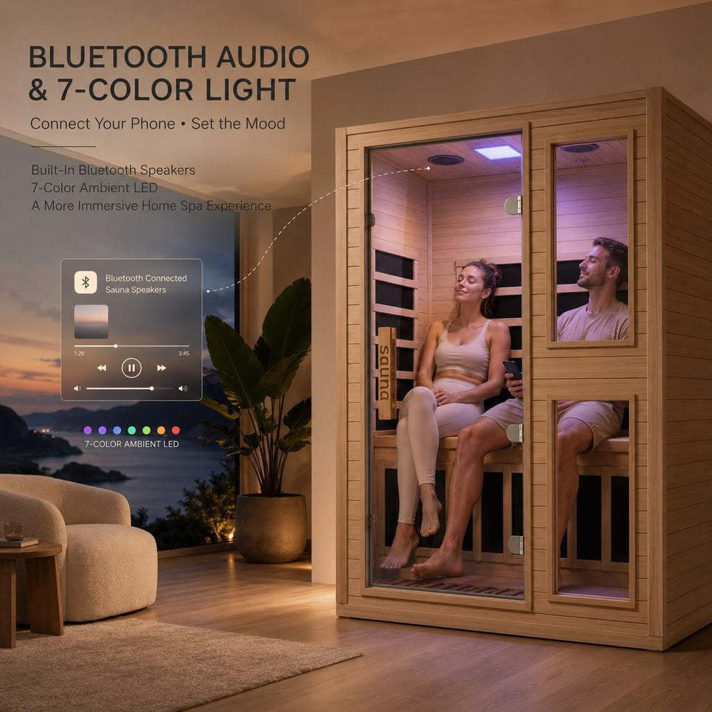 2 Person Far Infrared Sauna with Smart APP Control, Canadian Hemlock Wood Indoor Sauna Room, 2000W Low EMF Fast Heating Home Dry Sauna, 7 Color Chromotherapy, Bluetooth Speakers for Relaxation
