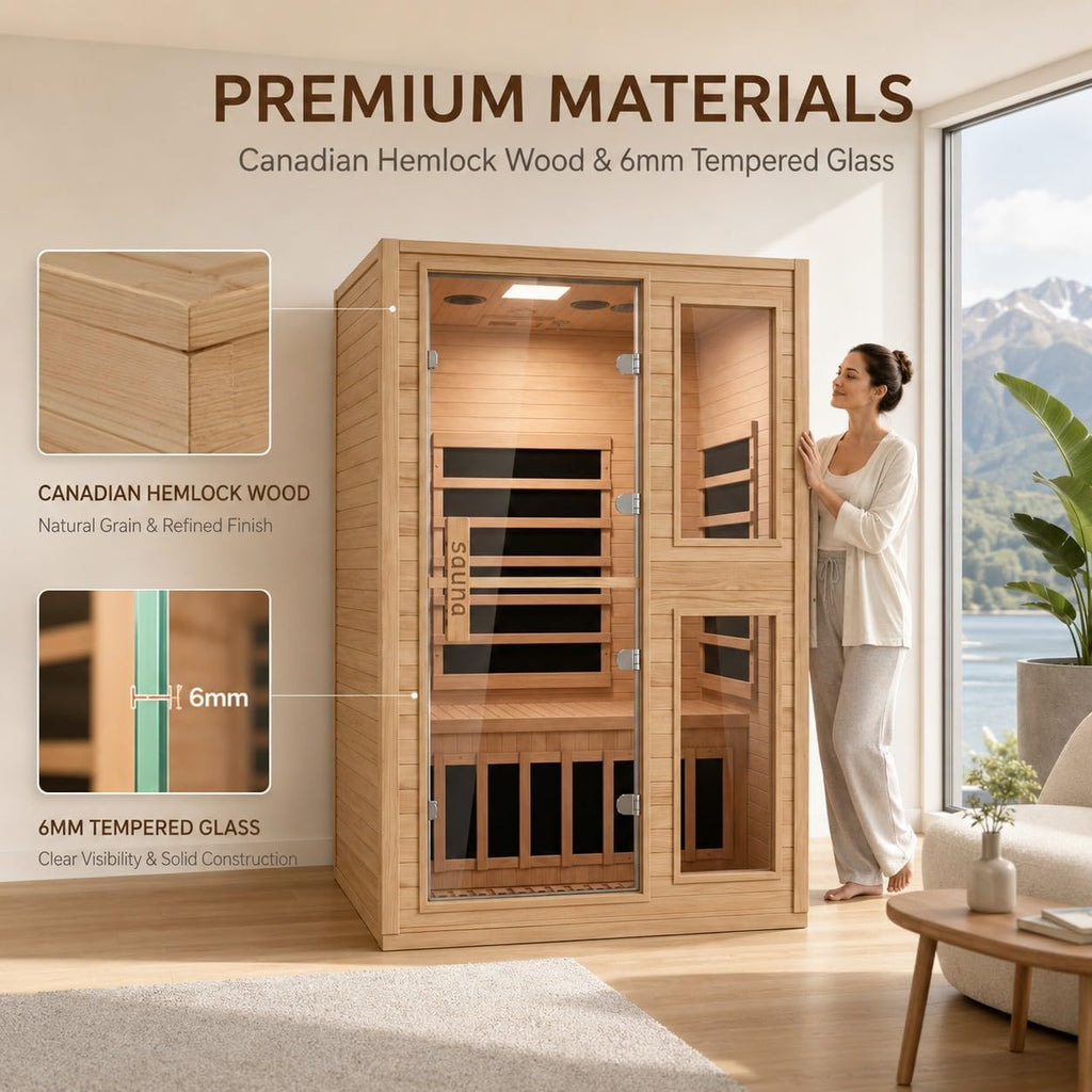 2 Person Far Infrared Sauna with Smart APP Control, Canadian Hemlock Wood Indoor Sauna Room, 2000W Low EMF Fast Heating Home Dry Sauna, 7 Color Chromotherapy, Bluetooth Speakers for Relaxation