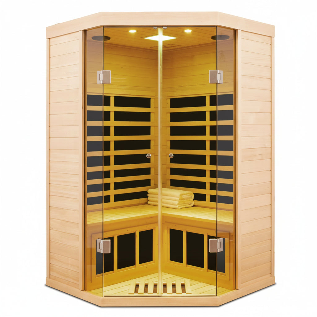 2-Person Corner Far Infrared Sauna Room - Hemlock Wood, Deluxe Transparent Glass Front, Large Capacity Home Sauna