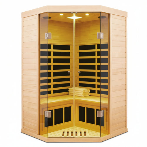 2-Person Corner Far Infrared Sauna Room - Hemlock Wood, Deluxe Transparent Glass Front, Large Capacity Home Sauna