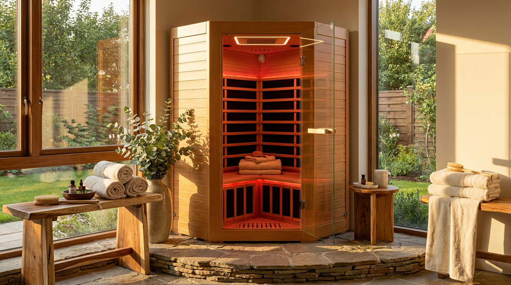 Multifunctional 2-3 Person Infrared Sauna for Home, 2180W Indoor Sauna with 7-Color LED Ambient Light, Red Light Feature, Oxygen Bar, Dual Bluetooth Speakers, 360° Surround Heating — Lifestyle